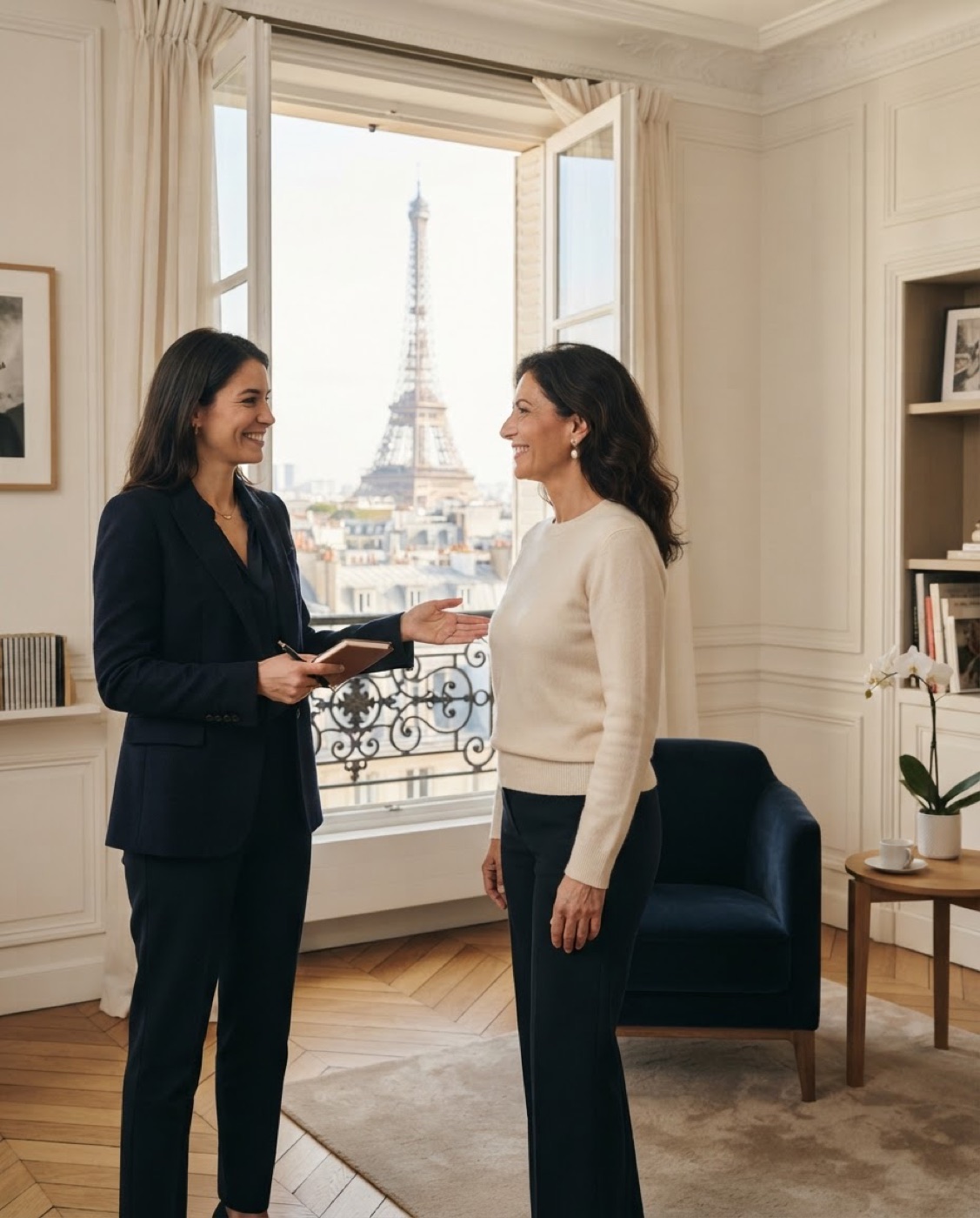 Une coordinatrice accueille une patiente dans un salon parisien