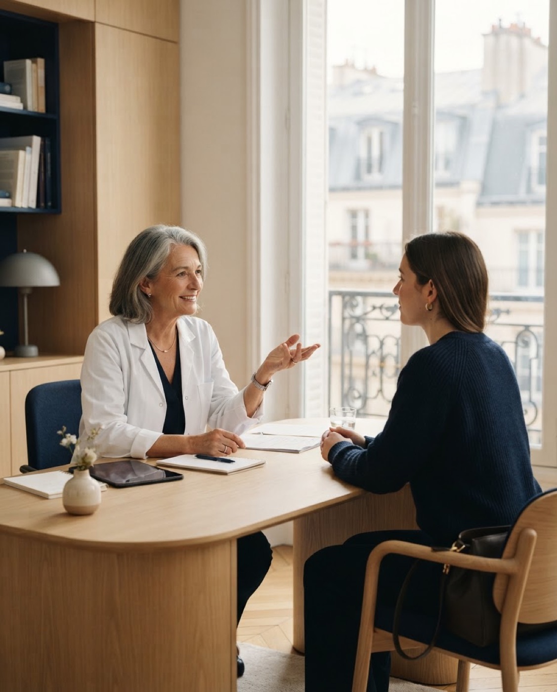 Un médecin échange avec un patient dans un cabinet lumineux